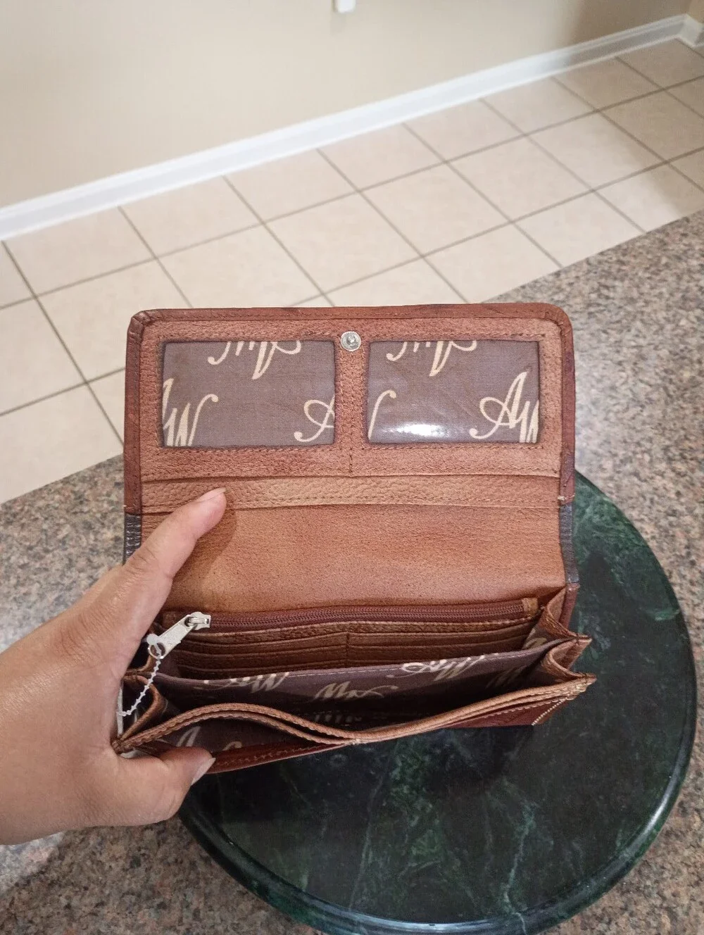 American West Handcrafted Brown Leather Clutch with Red Rose Embroidery